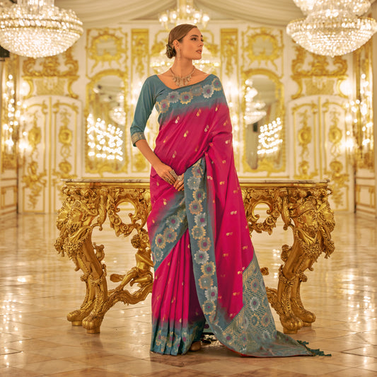 Pink Festive Wear Woven Banarasi Silk Saree With Contrast Border