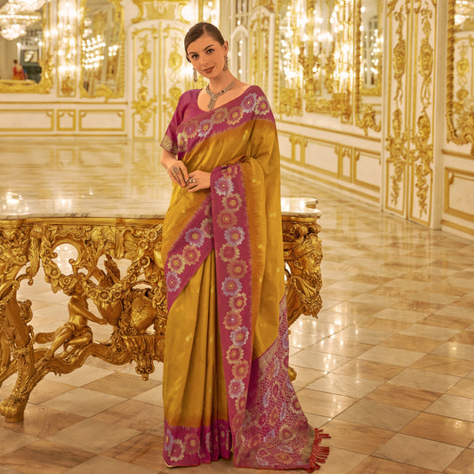 Yellow Festive Wear Woven Banarasi Silk Saree With Contrast Border