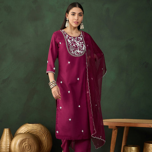 Purple Handwork Embroidered Muslin Kurta With Trouser And Dupatta