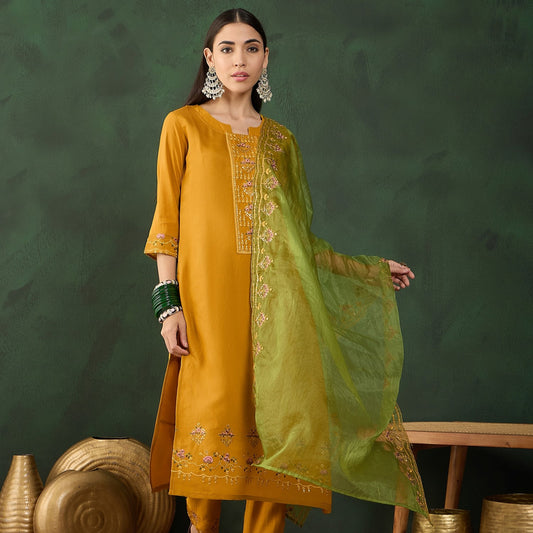 Mustard Handwork Embroidered Muslin Kurta With Trouser And Dupatta