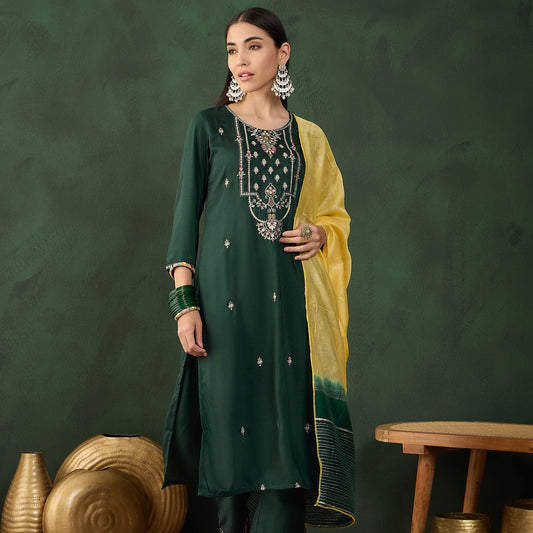 Green Handwork Embroidered Muslin Kurta With Trouser And Dupatta