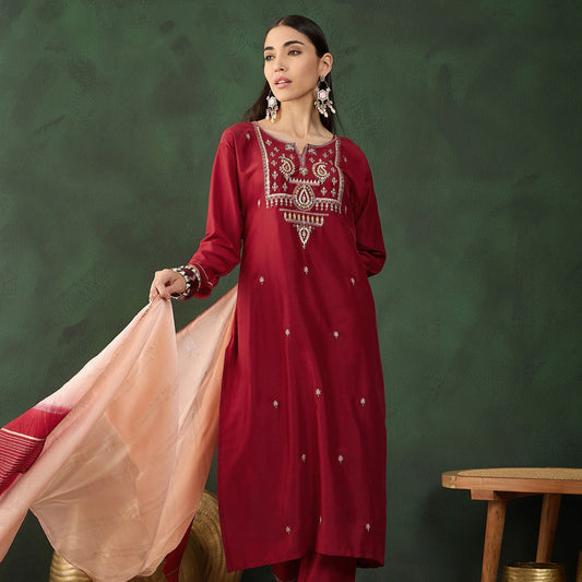 Red Embroidered Chinon Kurta With Trouser And Dupatta