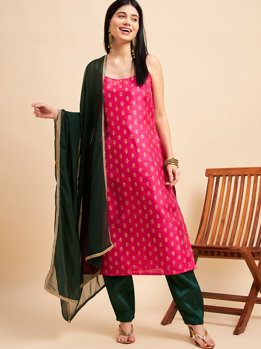 Magenta Pink and Green Polyester Printed Kurta with Trousers & dupatta