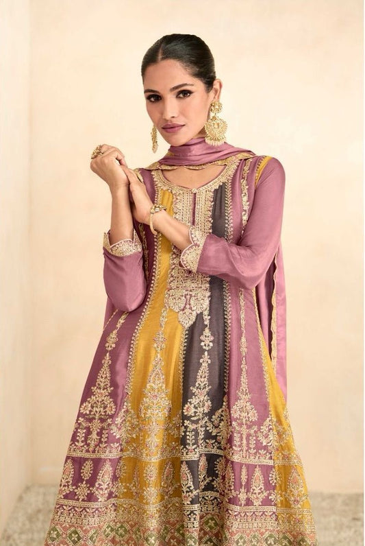 Purple Colored Wedding Wear Thread Embroidered Gharara Style Palazzo Suit