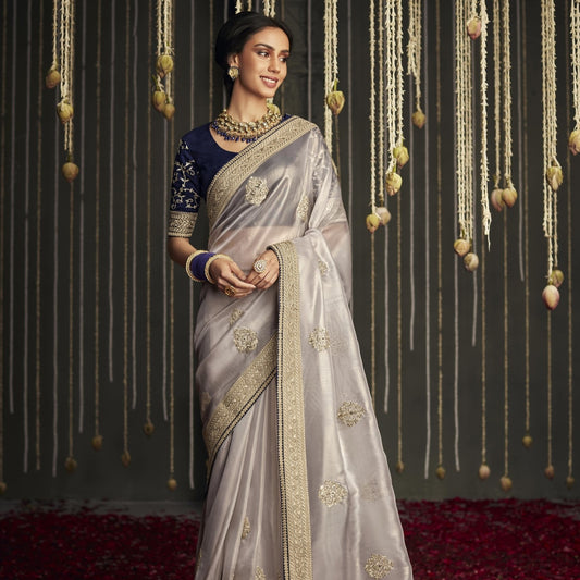 Water Grey Glossy Embroidered Organza Fabric Saree For Bride
