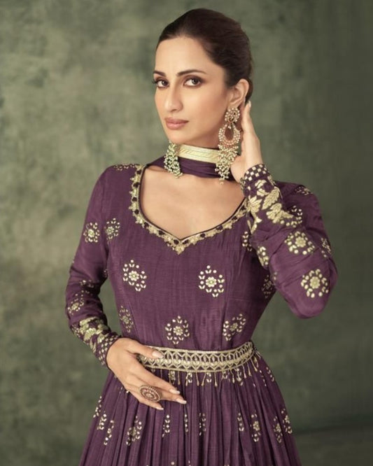 Purple Color Golden Print Pure Viscose Silk Wedding Wear Designer Anarkali Suit