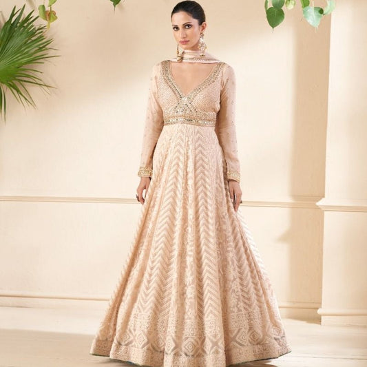 Golden Beige Heavy Embroidered Anarkali Dress For Wedding