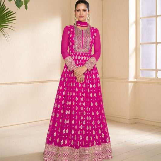 Mirror Sequence Embroidered Pink Anarkali Dress For Wedding