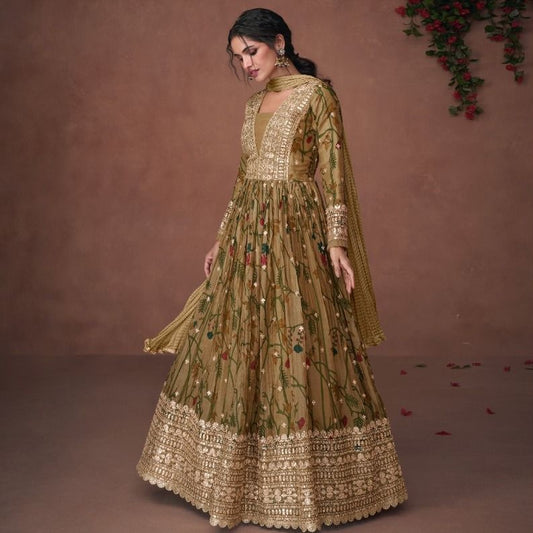 Olive Green Organza Embroidered Anarkali Dress For Wedding
