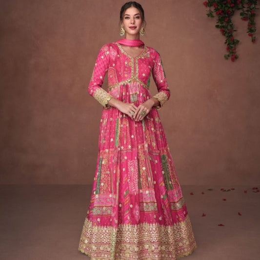 Organza Embroidered Pink Anarkali Dress For Wedding
