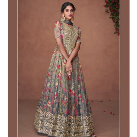 Grey Organza Embroidered Anarkali Dress For Wedding