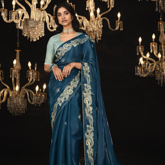 Prussian Blue Sequence Embroidered Tissue Silk Saree For Marriage Reception Saree