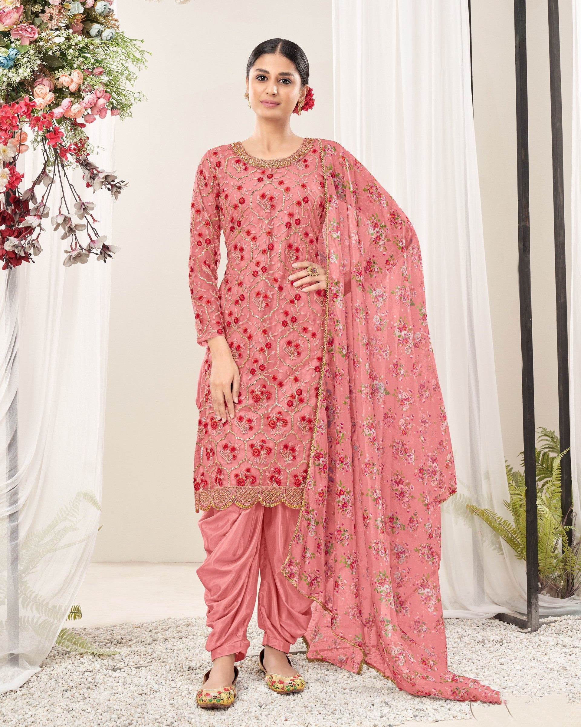 Rani Pink Floral Embroidered Modal Dress Material