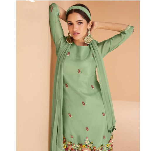 Persian Green Embroidered Kameez With Gharara Set