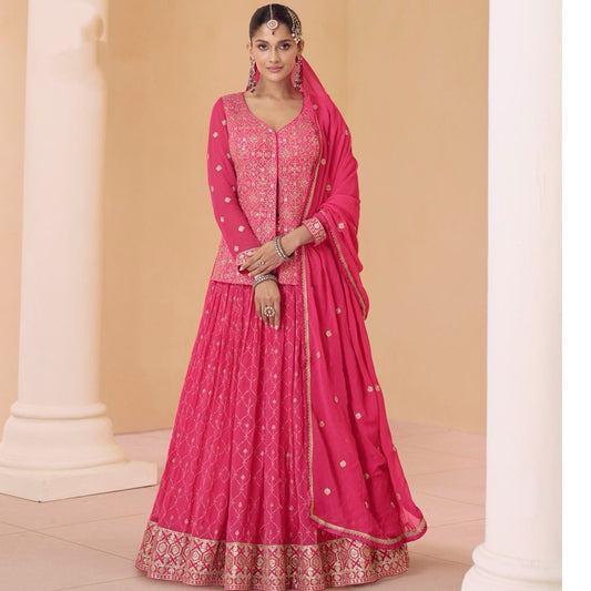 Fuchsia Pink Real Georgette Embroidered Designer Lehenga Kameez Suit