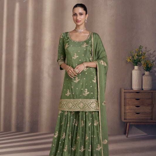 Leaf Green Silk Embroidered Pakistani Plazo Suit