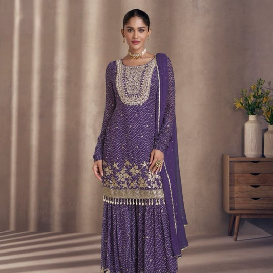 Purple Silk Embroidered Pakistani Plazo Suit
