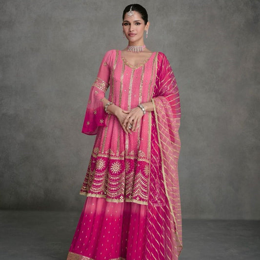 Ombre Pink Georgette Embroidered Wedding Wear Punjabi Sharara Suits