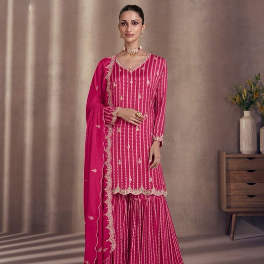Hot Pink Silk Embroidered Pakistani Plazo Suit