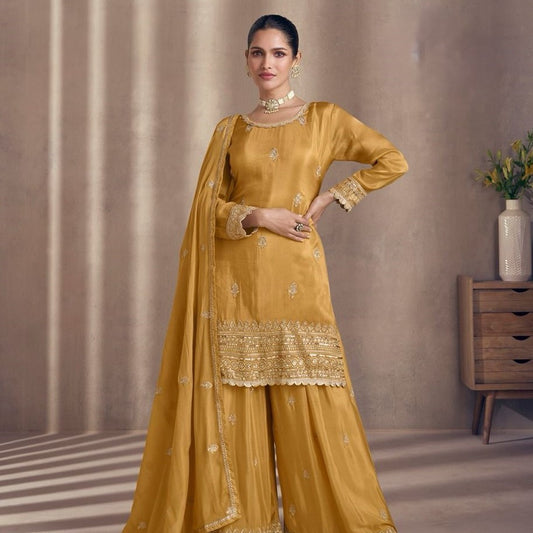 Yellow Silk Embroidered Pakistani Plazo Suit