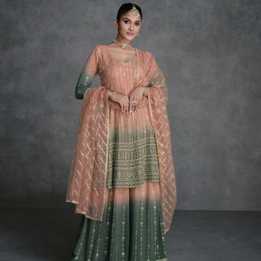 Peach And Pine Green Color Georgette Embroidered Punjabi Sharara Suits
