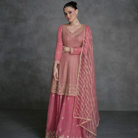 Coral Peach Heavy Embroidered Georgette Punjabi Sharara Suits