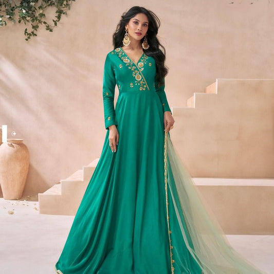 Rama Green Silk Anarkali Dress Embroidered Indo Western Outfits