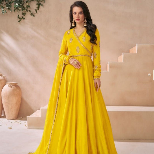 Mustard Yellow Silk Anarkali Dress Embroidered Indo Western Outfits