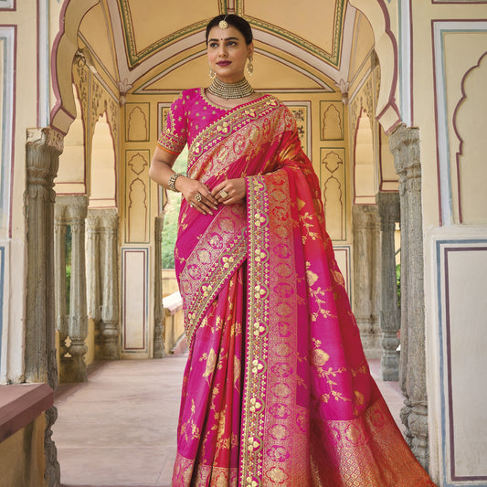 Gota Patti Embroidery Pink Color bridal Saree For Wedding Reception