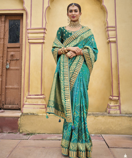 Sea Green Heavy Embroidered Pure Dola Silk Traditional Bridal Saree
