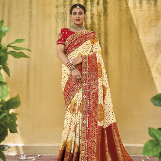 Cream And Red Bandhani Printed Embroidered Dola Silk Saree For Reception