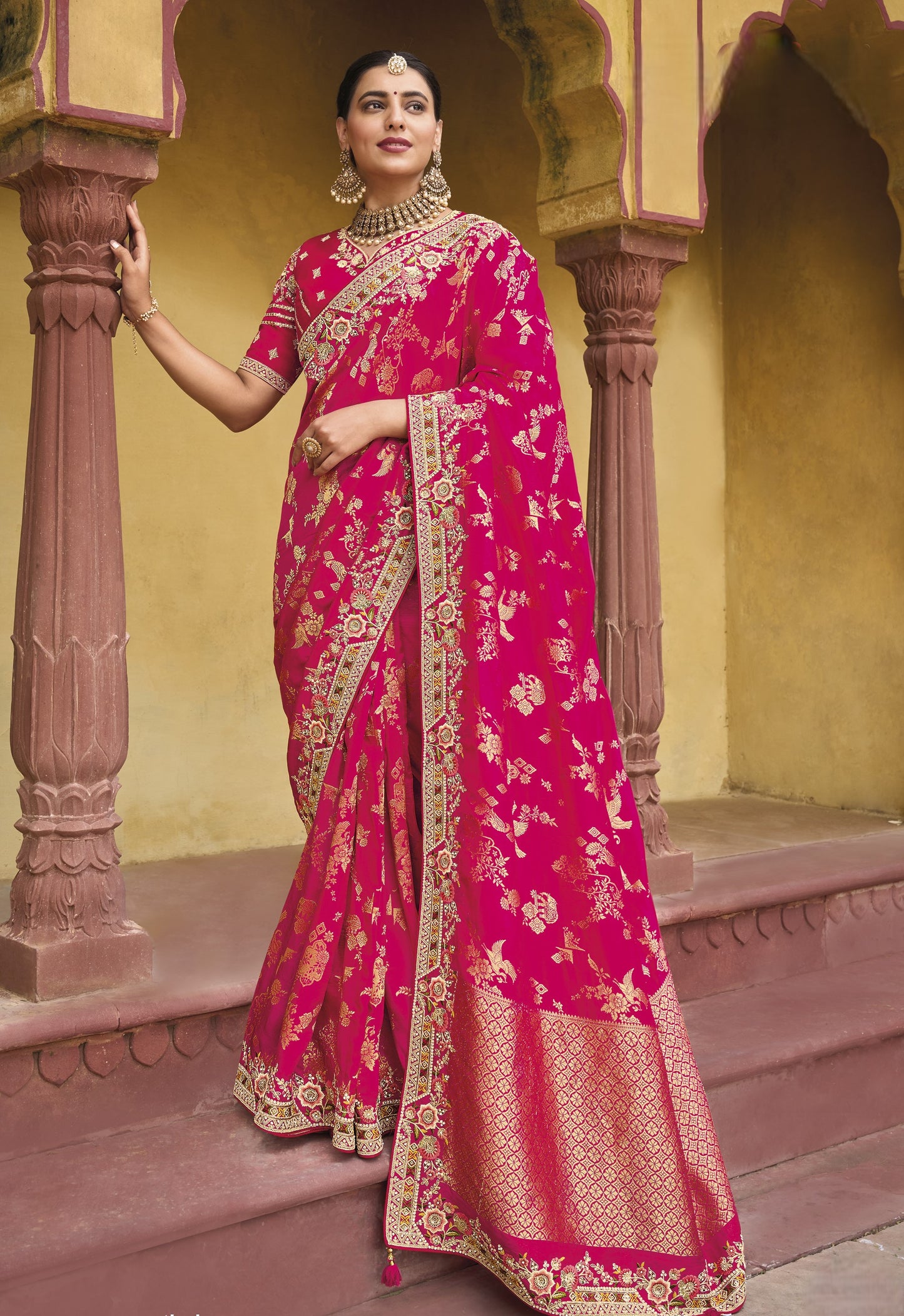 Raspberry Pink Woven Embroidered Banarasi Saree For Wedding Reception