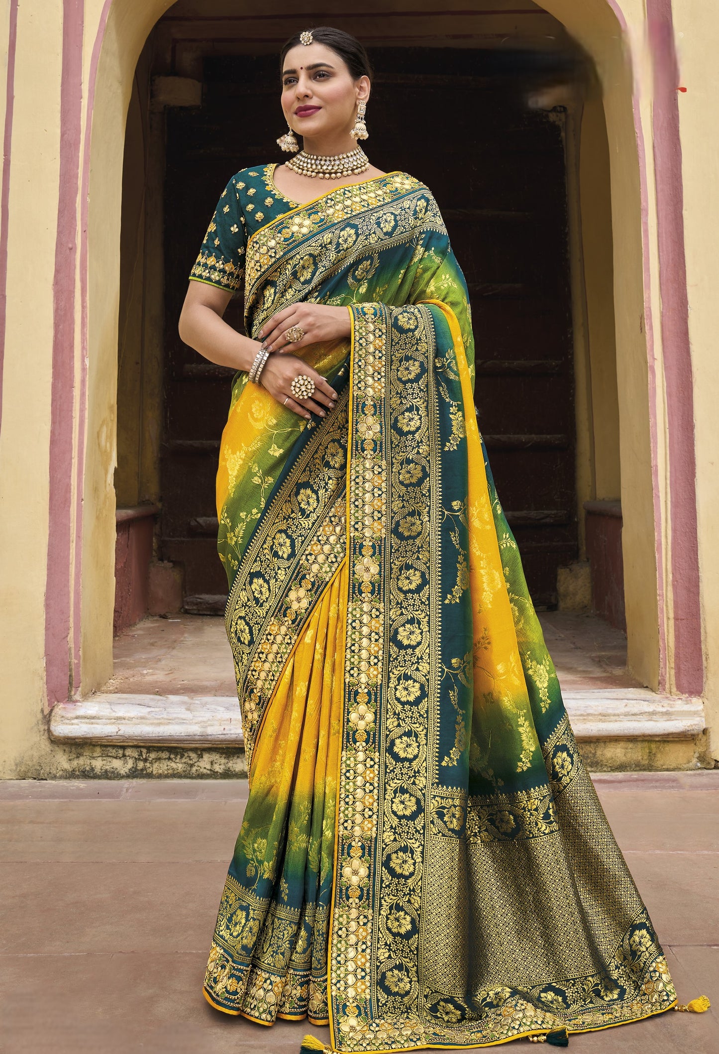 Gota Patti With Hand Work Embroidered Yellow Silk Border Trendy Saree