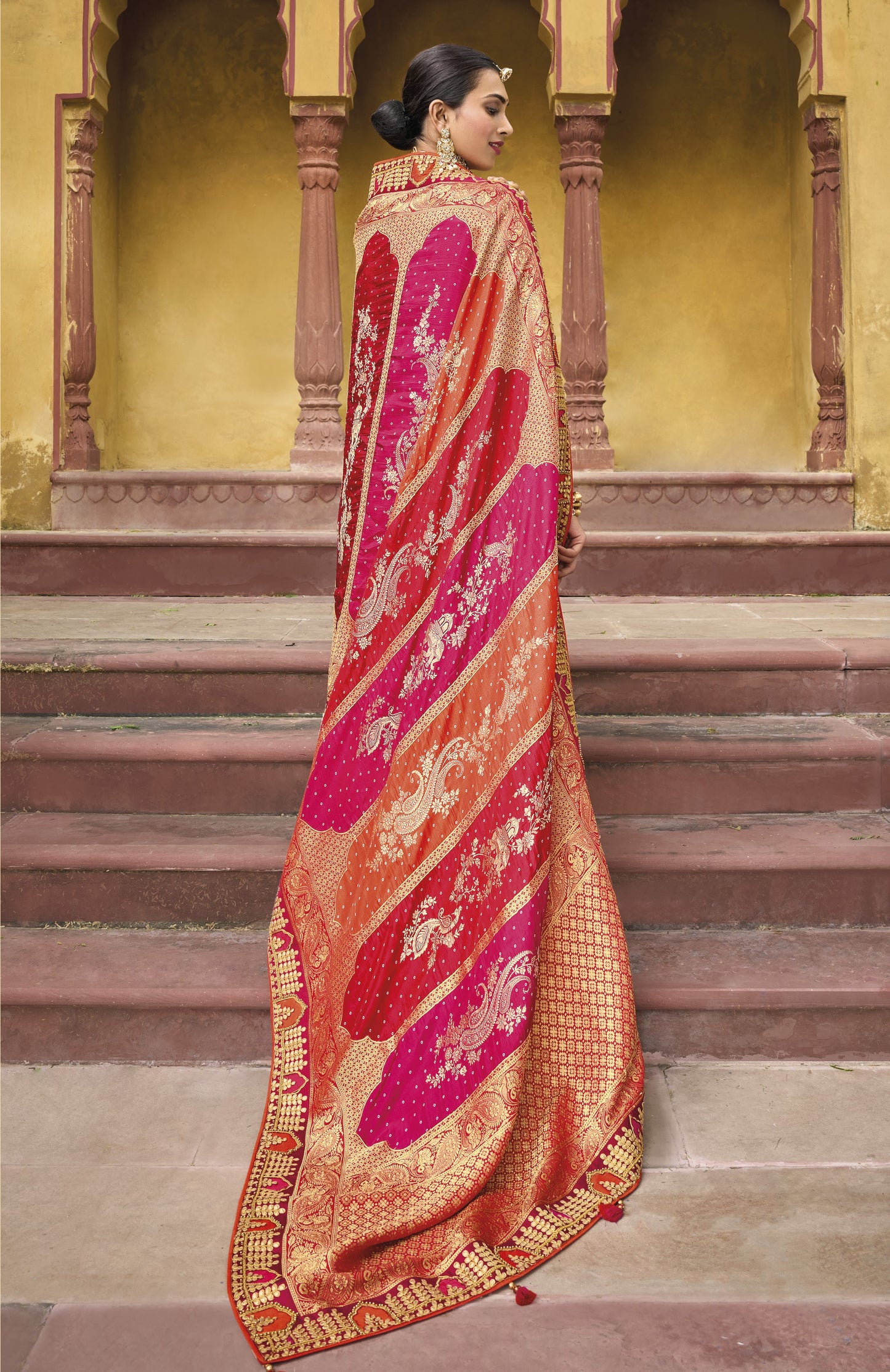 Red & Pink Dola Silk Embroidered Wedding Saree