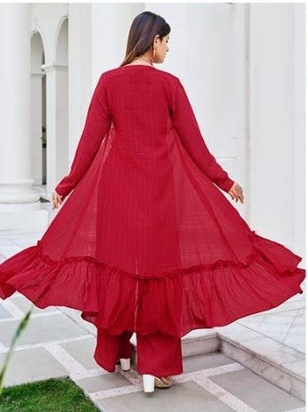 Red Embroidered Jacket Style Floor Length Suit