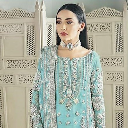 Bridal Pakistani Dress Georgette Fabric Embroidered In Sky Blue Color