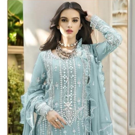 Bridal Pakistani Dress Georgette Fabric Embroidered In Light Sky Blue Color
