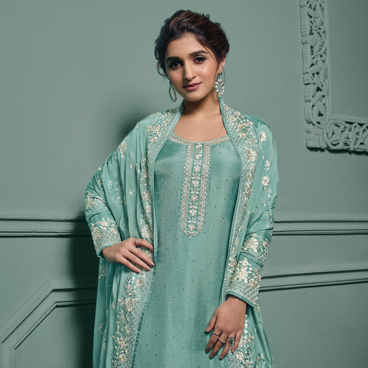 Wedding Wear Mint Blue Silk Embroidered Trouser Suit