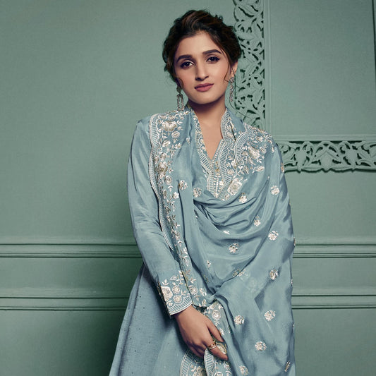 Teal Grey Embroidered Silk Trouser Kameez Suit for Sangeet