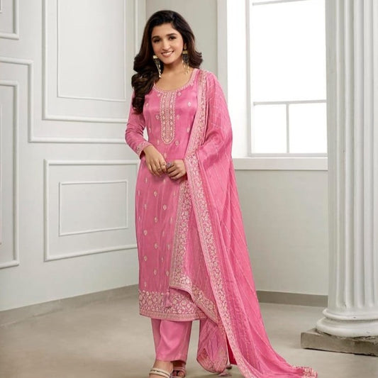 Pink Color Party Wear Thread Embroidered Dress Material