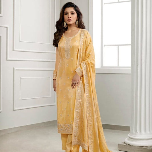 Golden Yellow Party Wear Thread Embroidered Dress Material