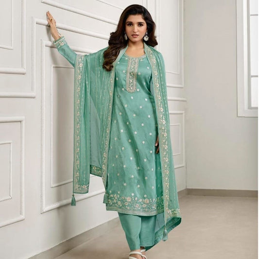 Sea Green Party Wear Thread Embroidered Dress Material