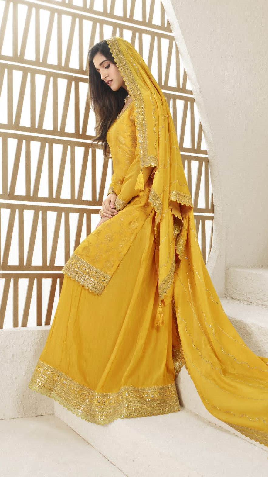 Mustard Heavy Designer Sarara Kameez Suit