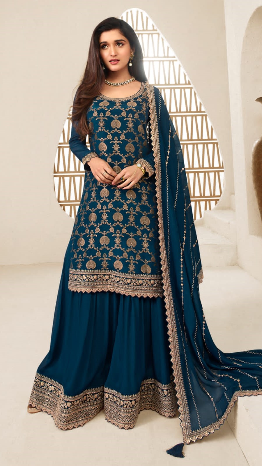 Navy Blue Festive Wear Heavy Designer Sarara Kameez Suit