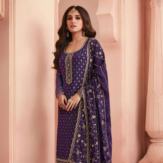 Purple Wedding Wear Thread Embroidered Dola Jacquard Indian Salwar Kameez
