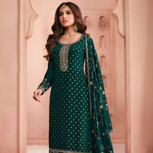 Teal Green Wedding Wear Thread Embroidered Dola Jacquard Indian Salwar Kameez