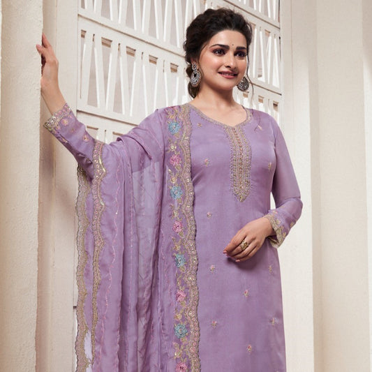 Purple Multi Thread Handwork Embroidered Organza Salwar Suit