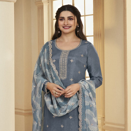 Blue Embroidered Silk Stright Kurta With Trouser And Printed Dupatta