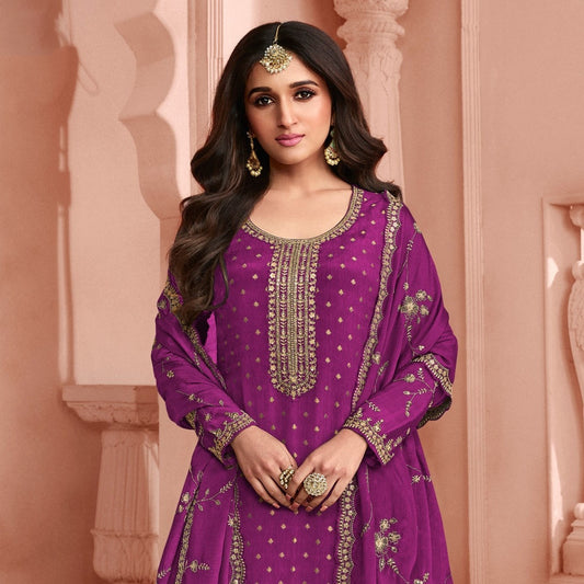 Purple Party Wear Thread Embroidered New Trendy Trouser Kameez Suit