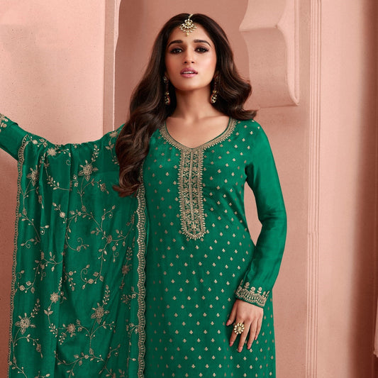 Green Festive Wear Thread Embroidered New Trendy Trouser Kameez Suit